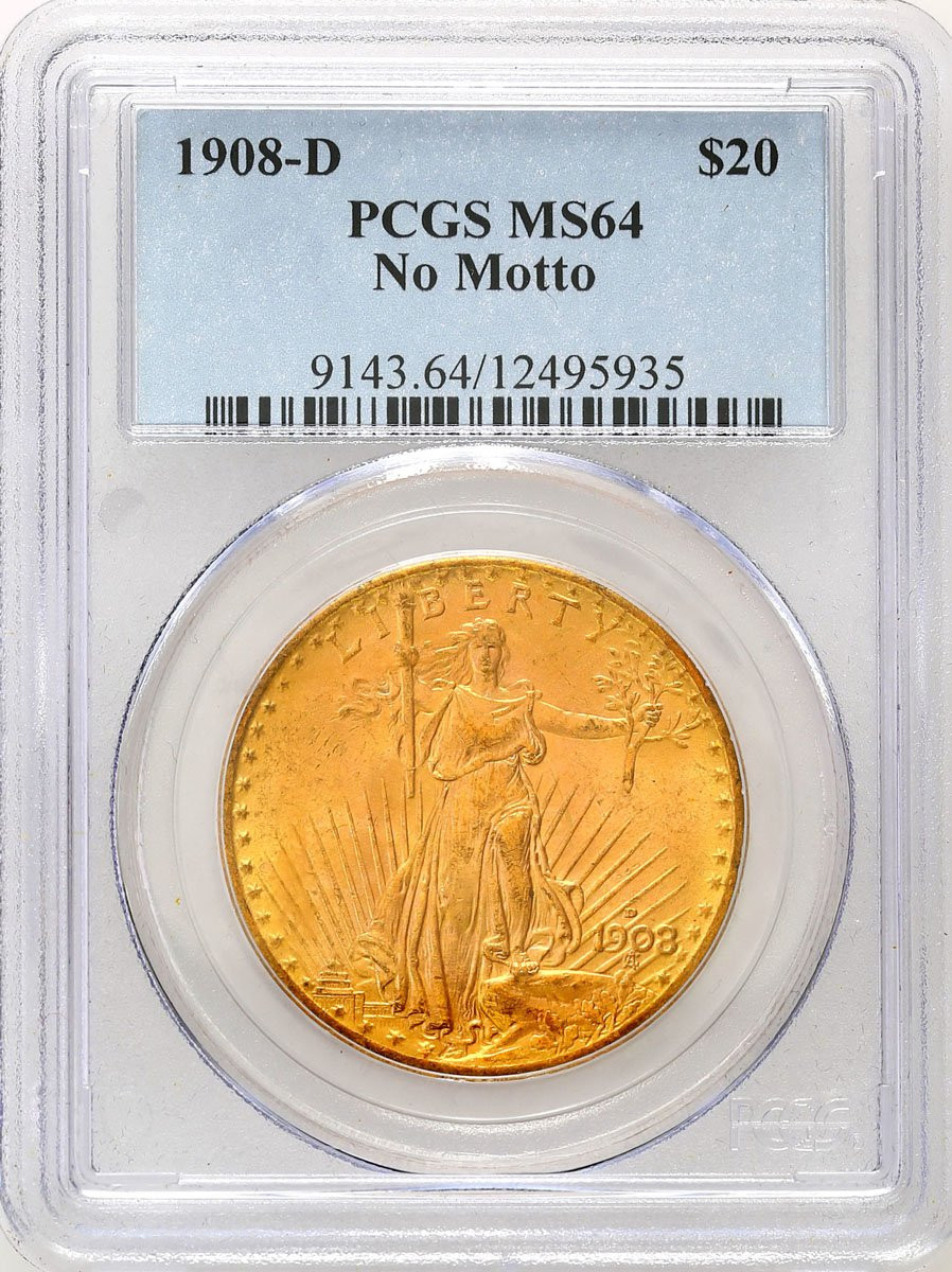 USA 20 dolarów 1908 D Denver no motto Saint Gaudens PCGS MS64